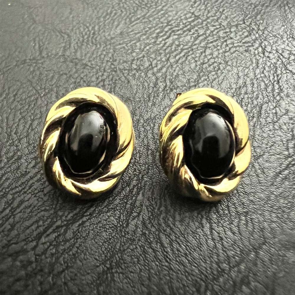 KJL‎ for Avon Black Cabochon Gold Rope Stud Earrings Classic Glam 90s